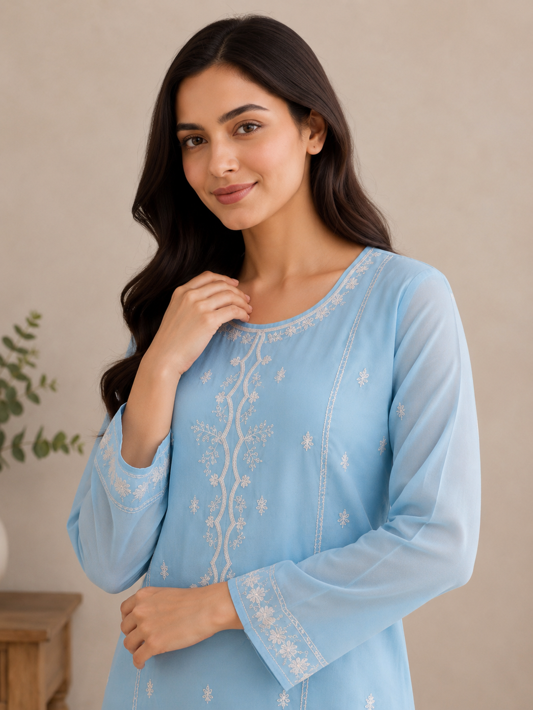 Sky Blue Embroidered Kurta Trouser Set for Women