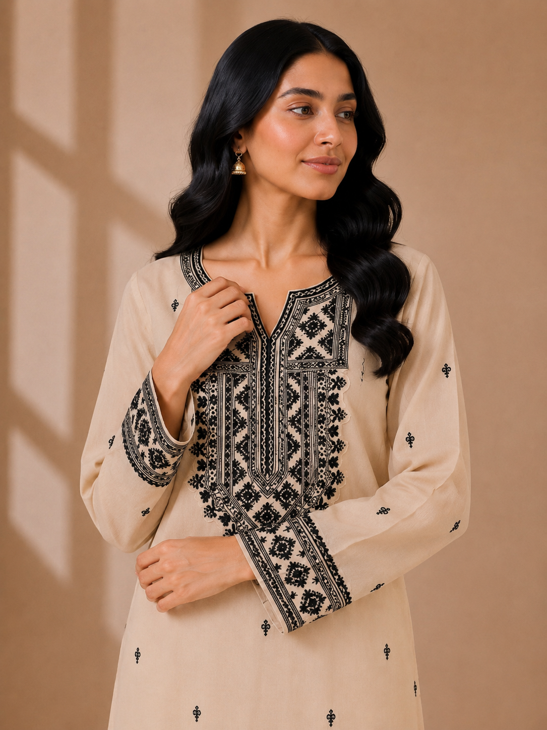 Beige Embroidered Straight Kurta with Trouser Set