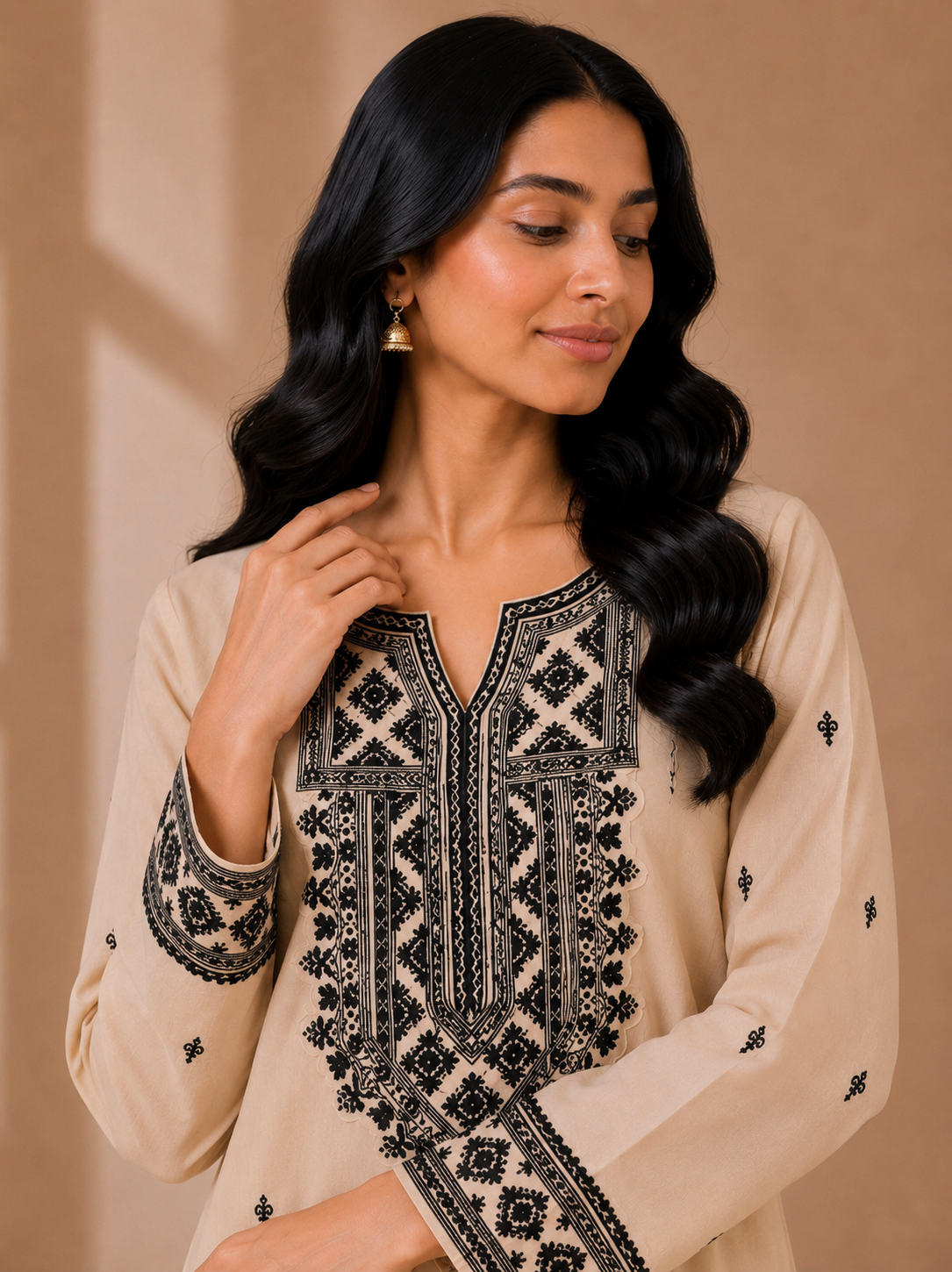 Beige Embroidered Straight Kurta with Trouser Set