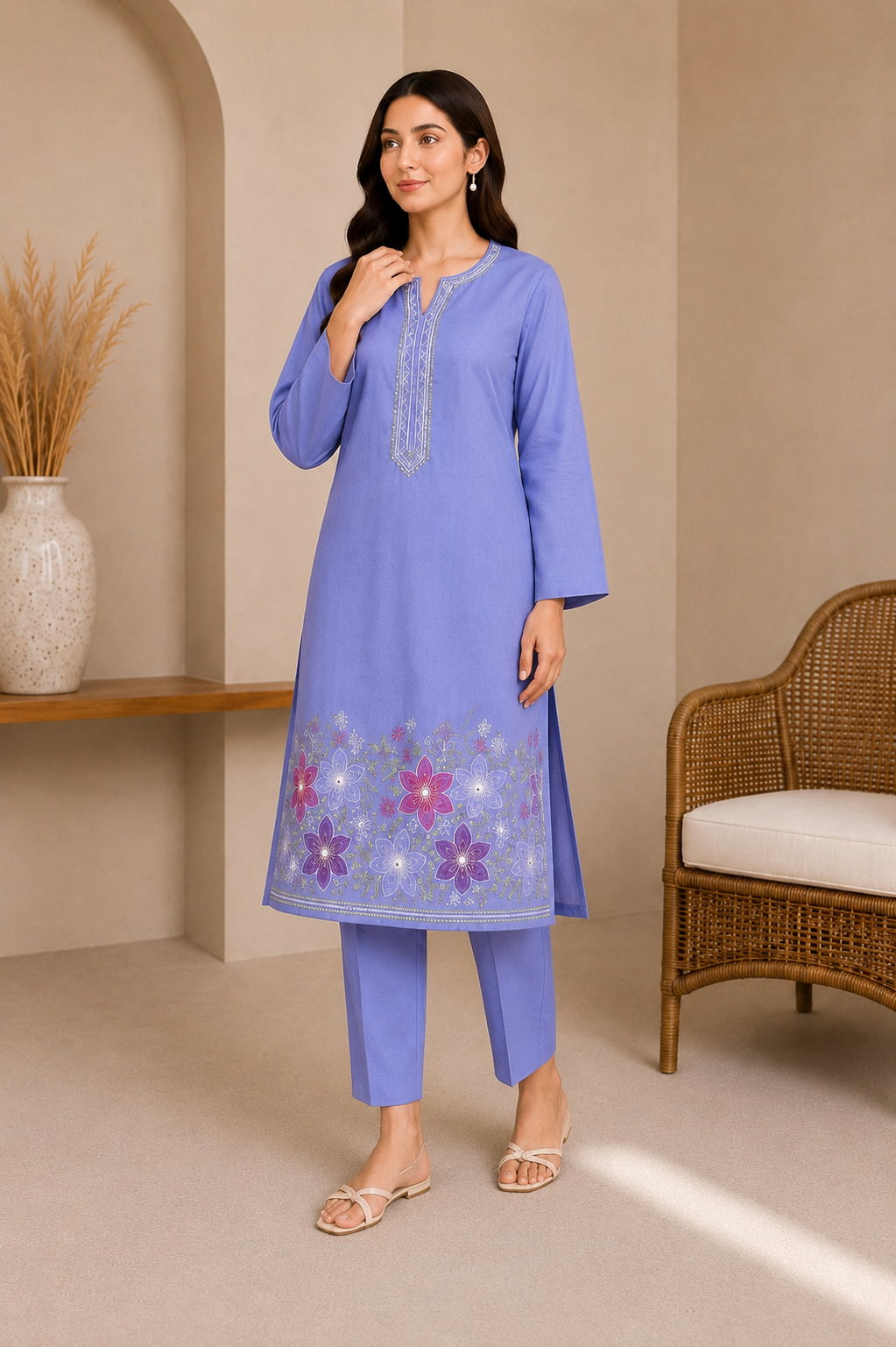 Lavender Embroidered 2-Piece Kurta Trouser Set