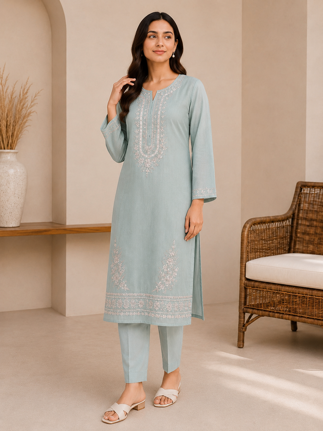 Pastel Mint Embroidered Kurta & Trouser Set for Women