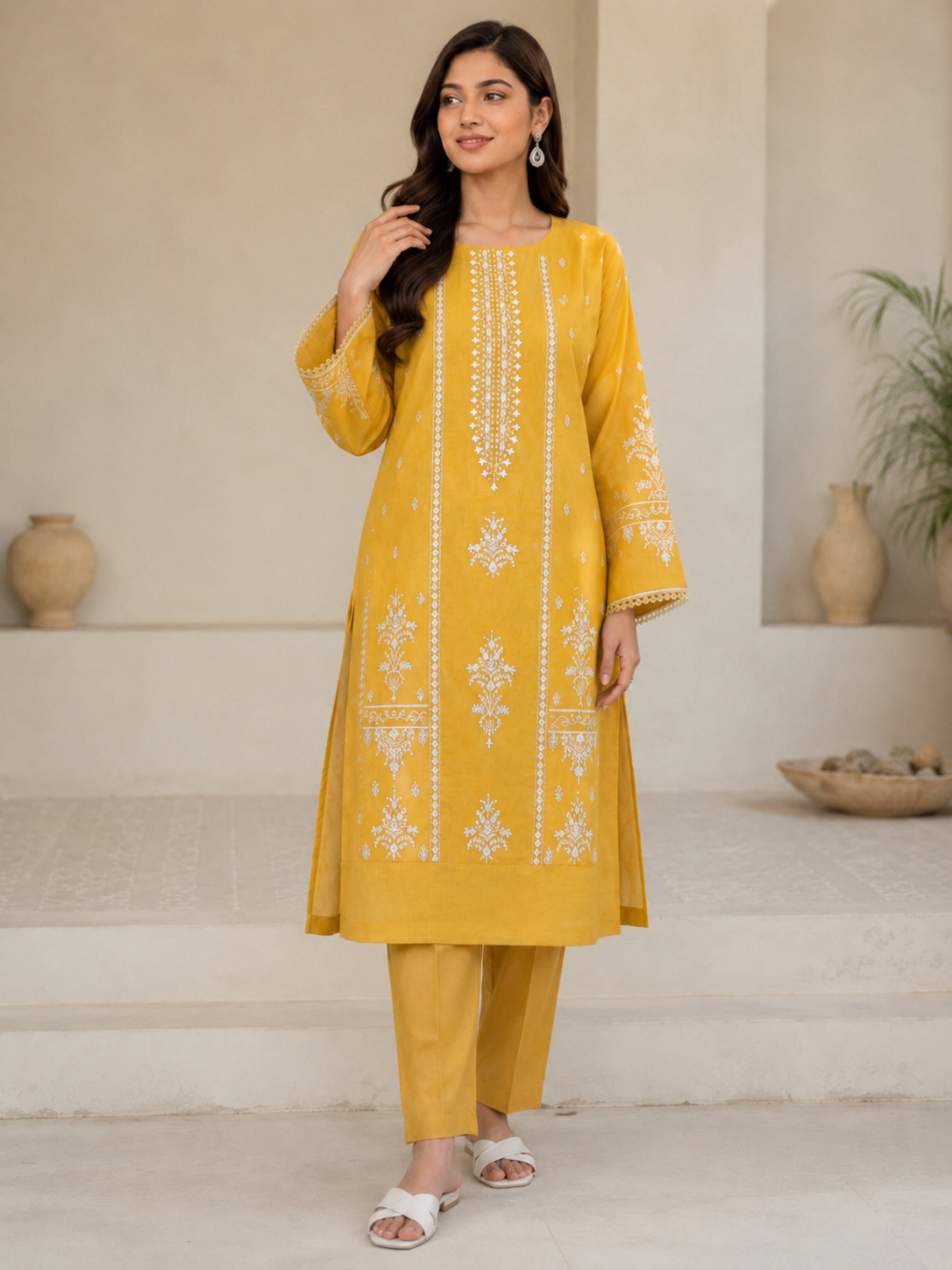 Mustard Yellow Embroidered Lawn Kurta Set for Women