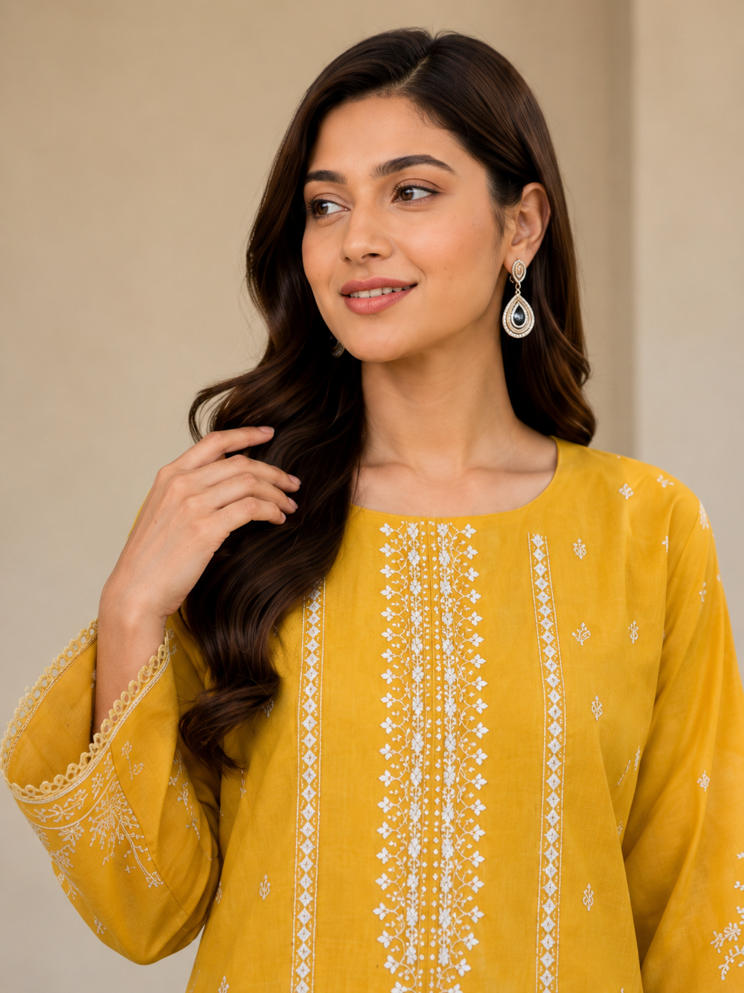 Mustard Yellow Embroidered Lawn Kurta Set for Women