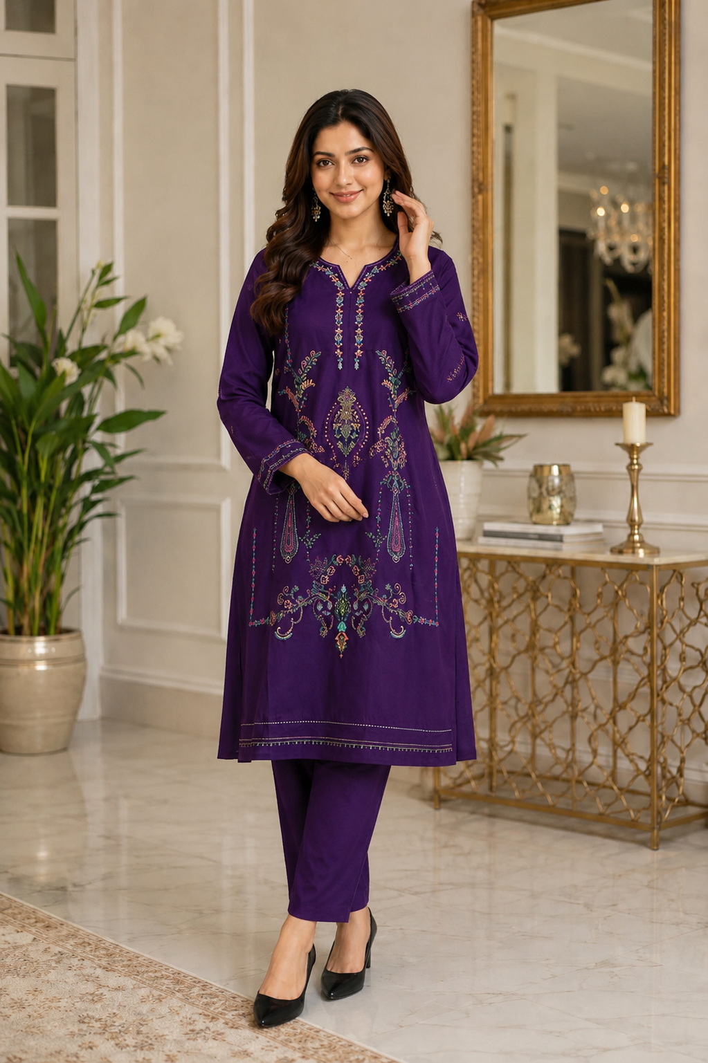 Royal Purple Embroidered Kurta Set for Women