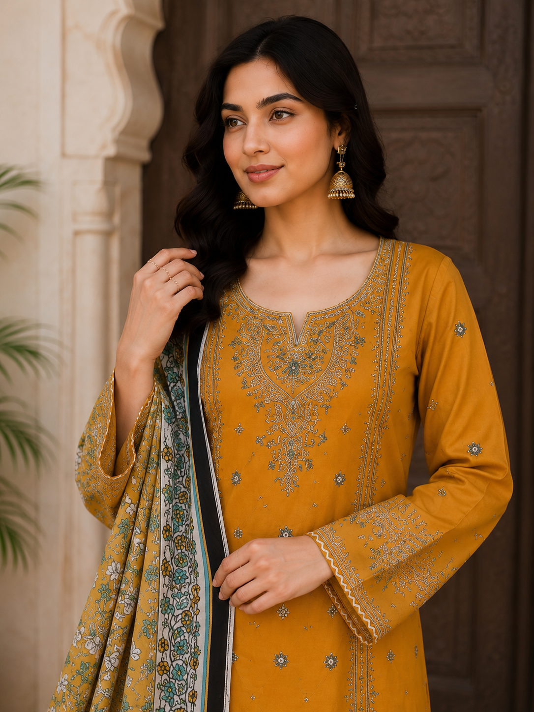 Mustard Embroidered 3-Piece Lawn Suit with Printed Dupatta