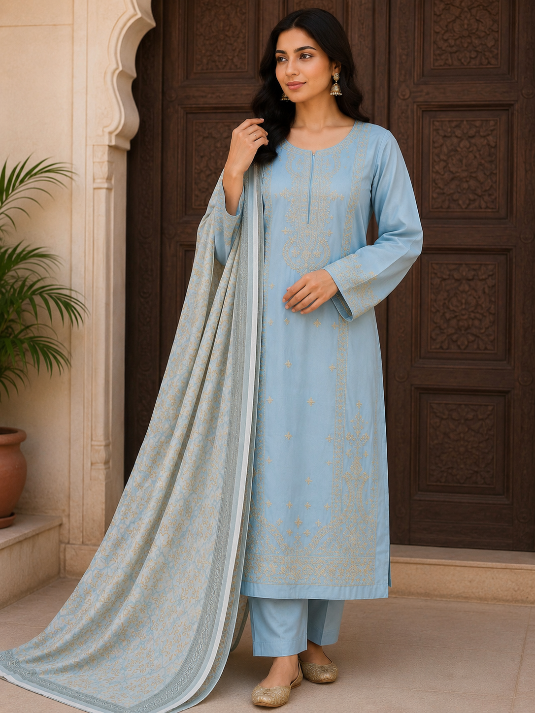 Sky Blue Embroidered 3-Piece Suit with Printed Dupatta