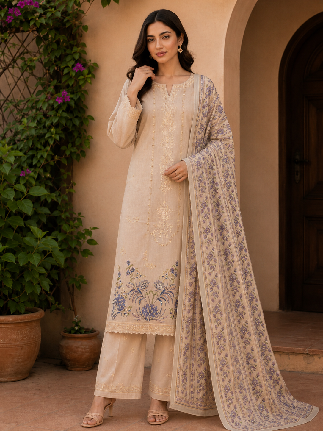 Elegant Beige Embroidered 3-Piece Suit with Printed Dupatta