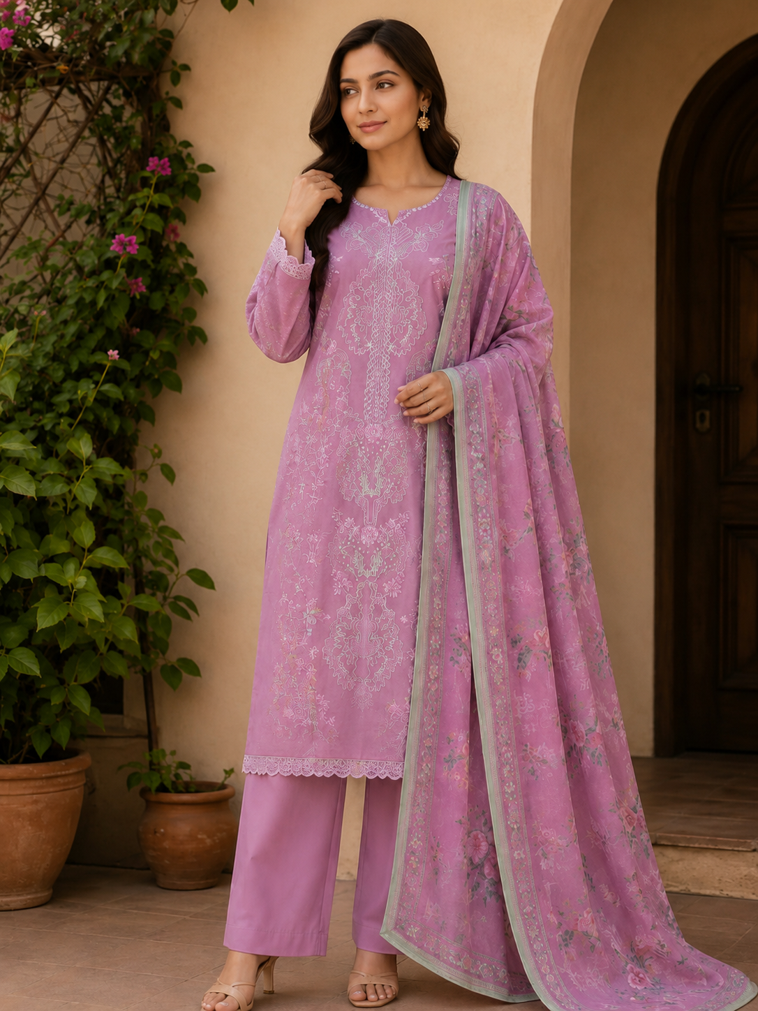 Elegant Lilac Embroidered 3-Piece Suit with Printed Dupatta