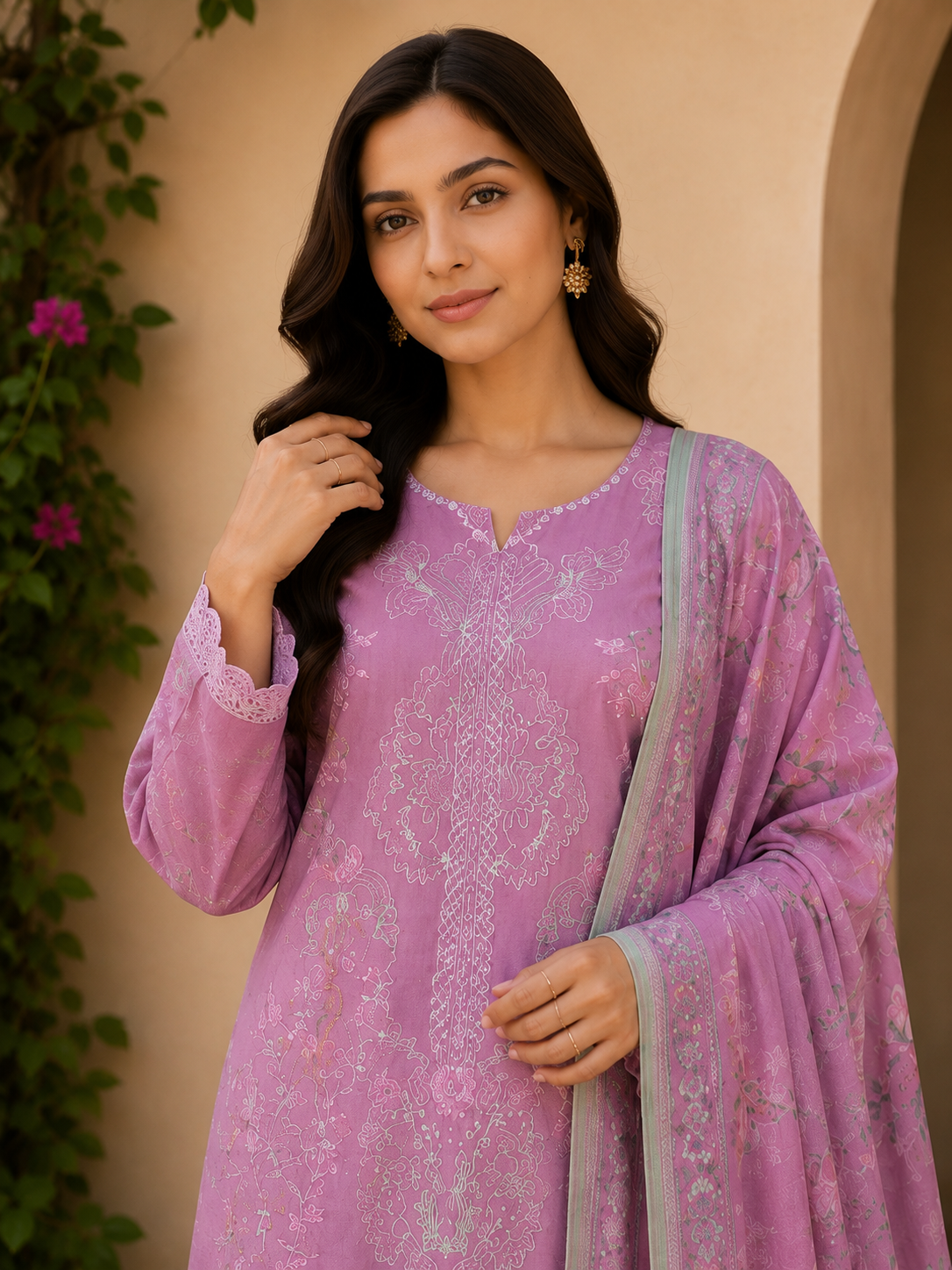 Elegant Lilac Embroidered 3-Piece Suit with Printed Dupatta