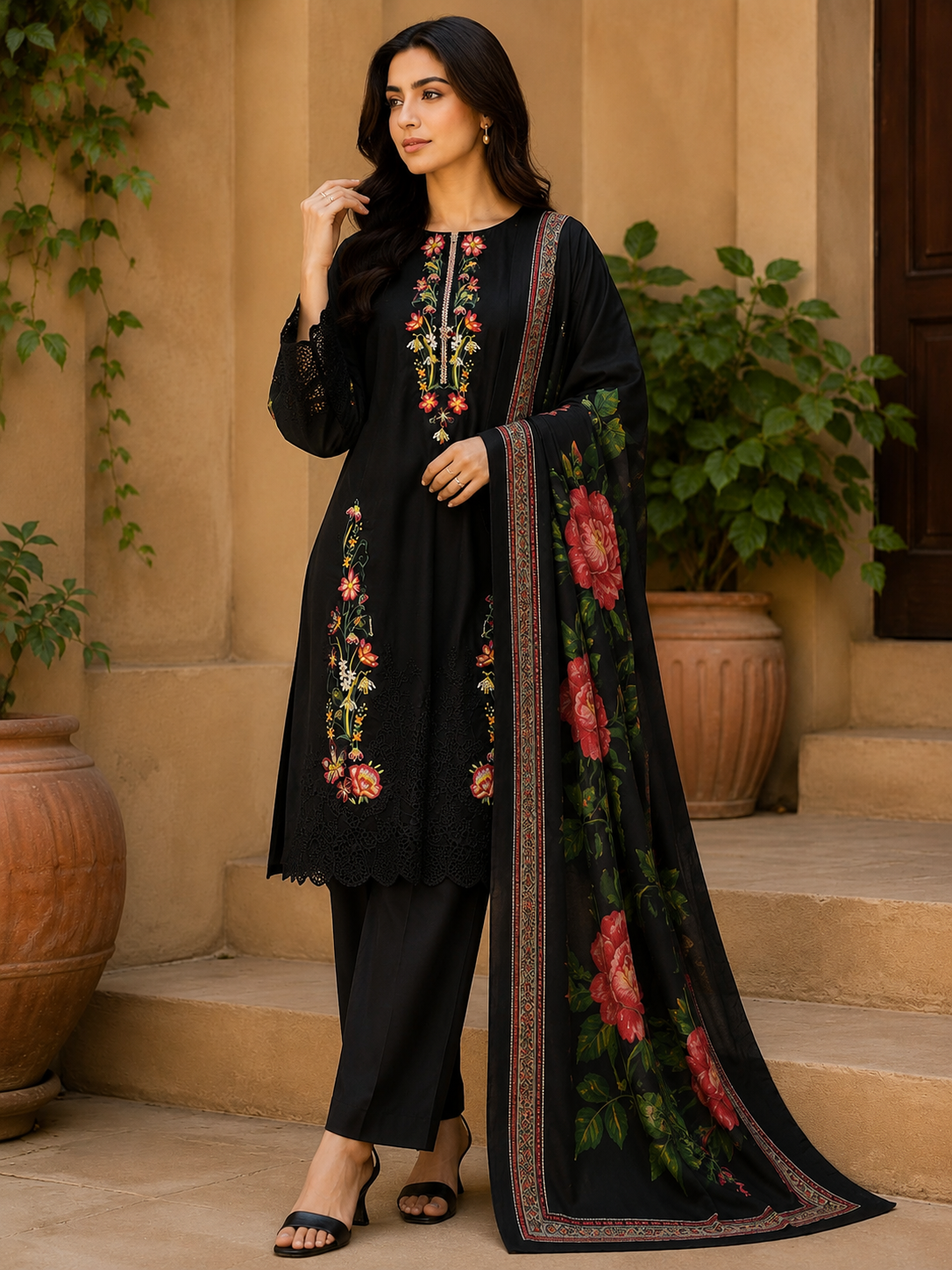 Black Floral Embroidered 3-Piece Lawn Suit