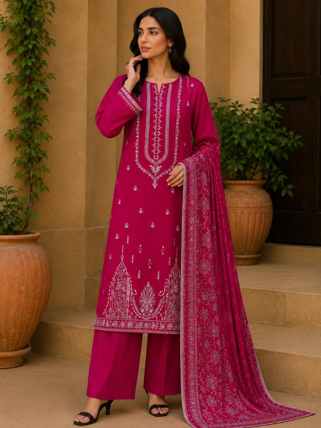 Magenta Embroidered 3-Piece Suit – Timeless Elegance
