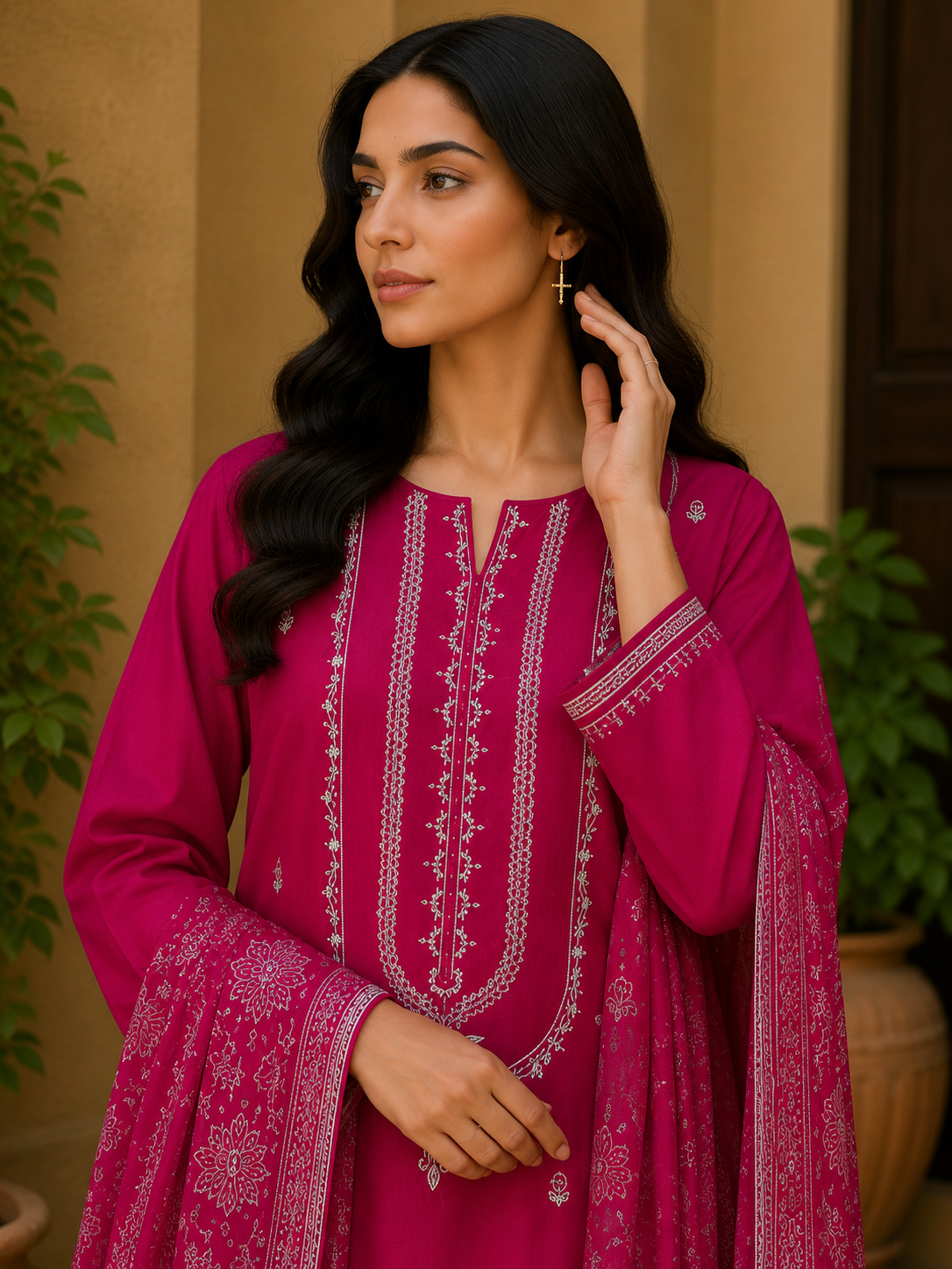 Magenta Embroidered 3-Piece Suit – Timeless Elegance