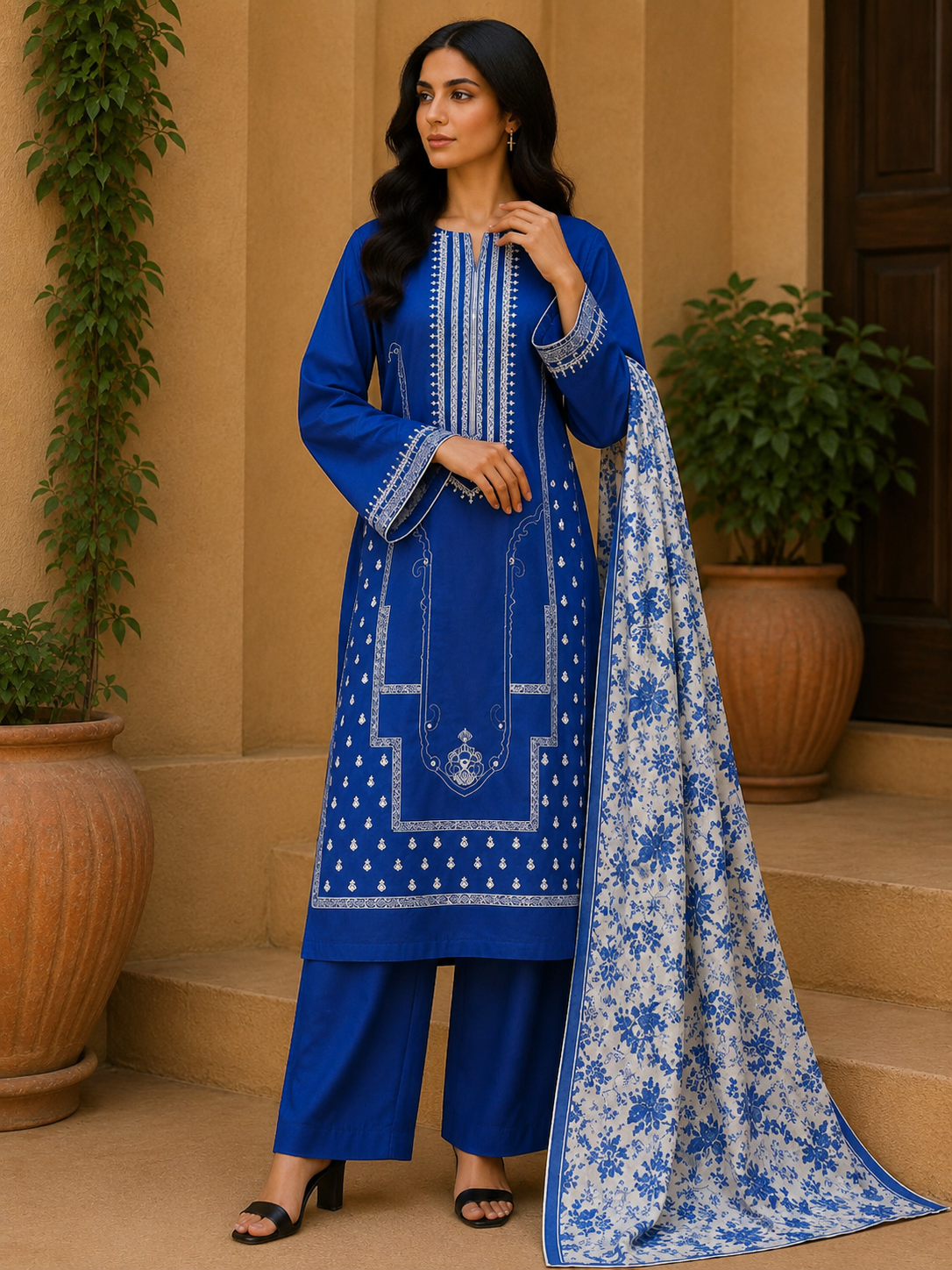 Royal Blue Embroidered 3-Piece Suit