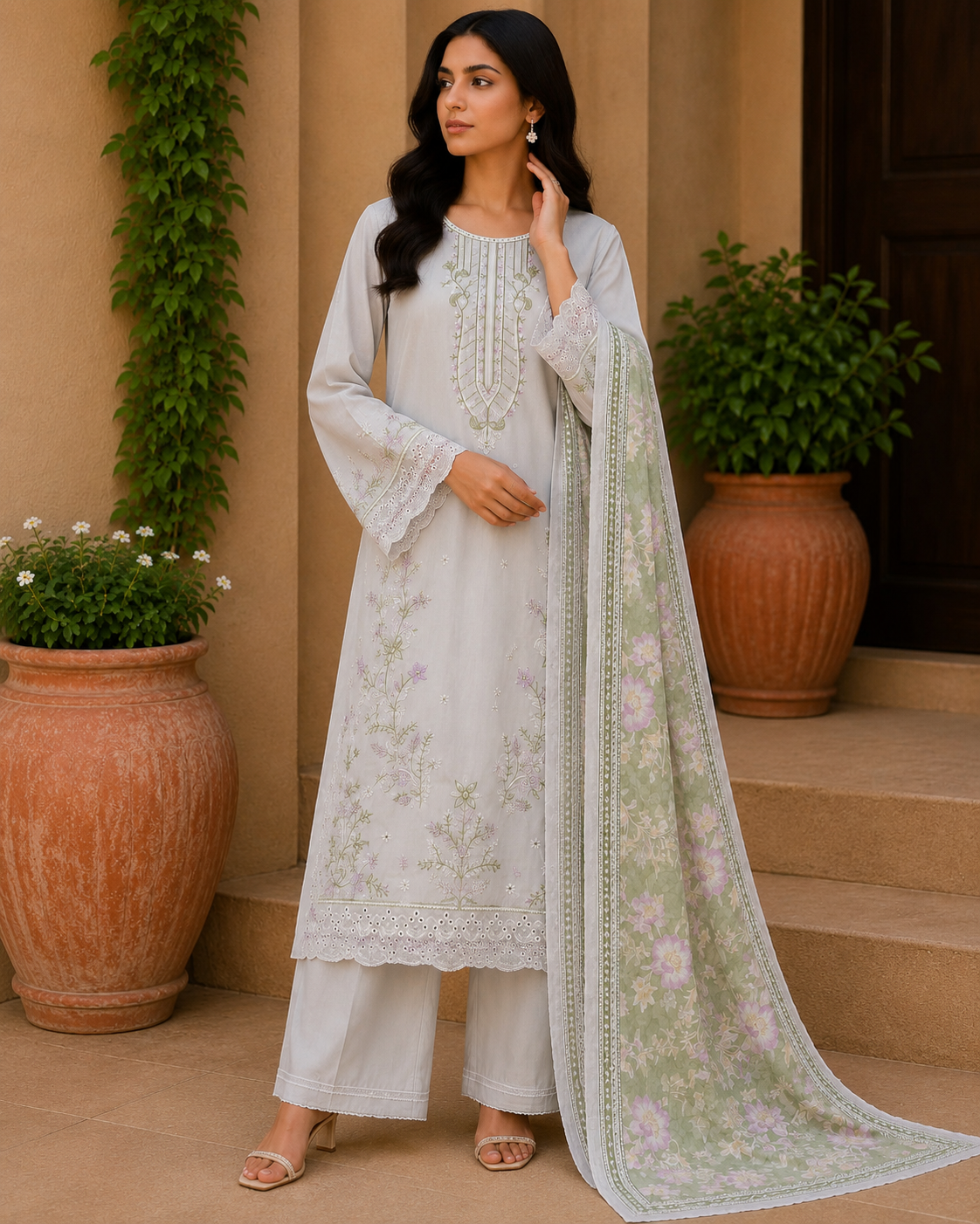 Elegant Pastel Grey Embroidered 3-Piece Suit