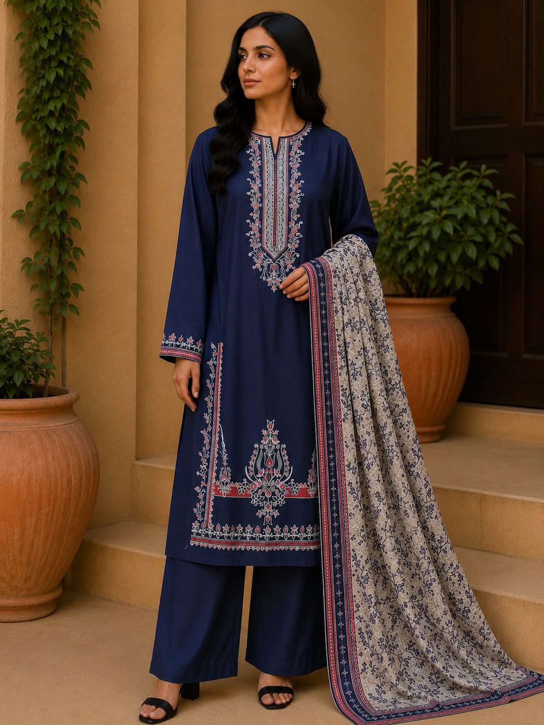 Navy Blue Embroidered 3-Piece Suit
