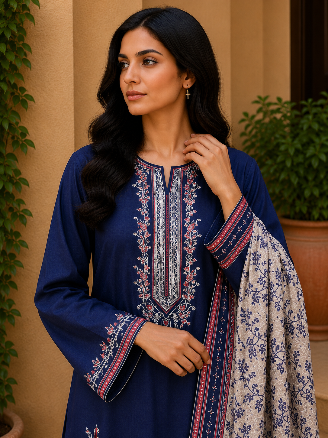 Navy Blue Embroidered 3-Piece Suit