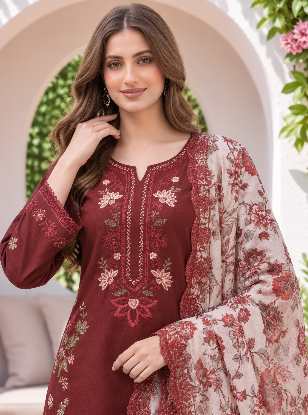 Maroon Embroidered 3-Piece Lawn Suit