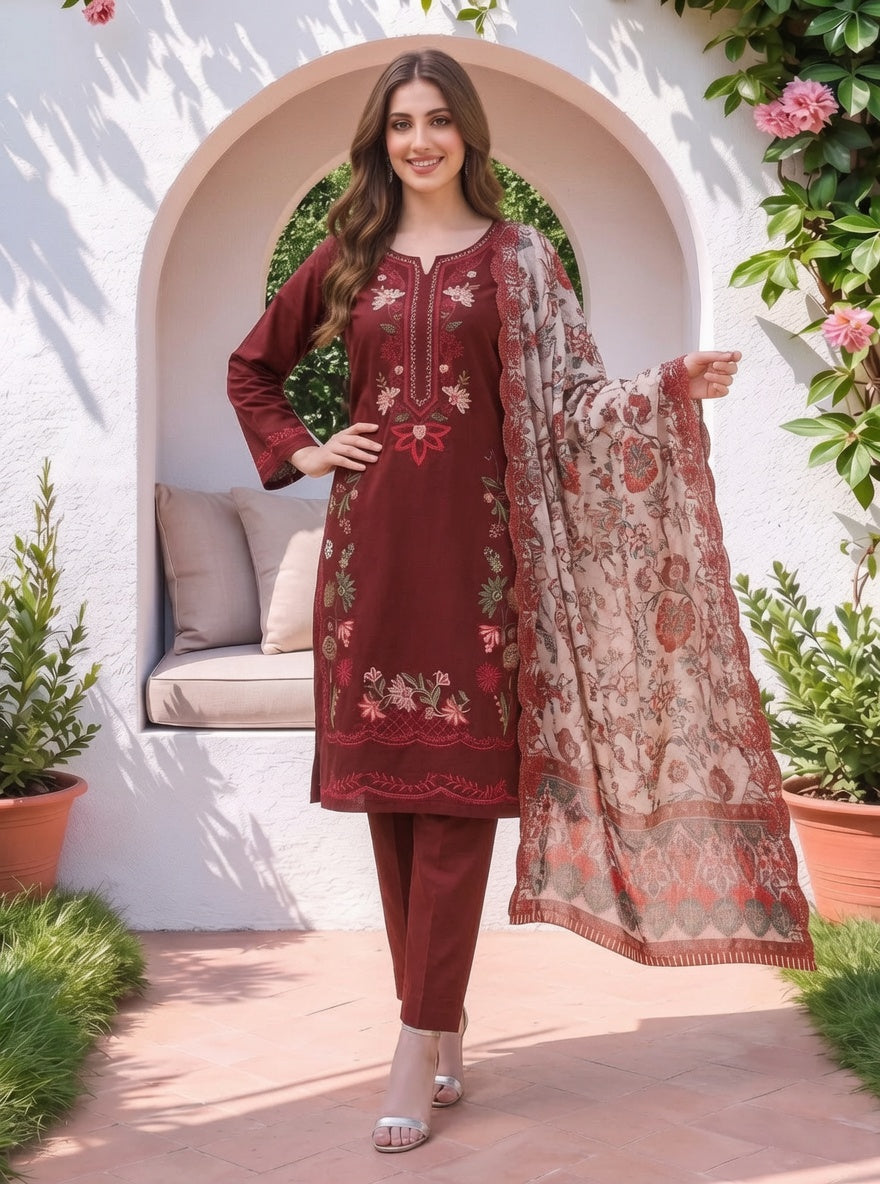 Maroon Embroidered 3-Piece Lawn Suit
