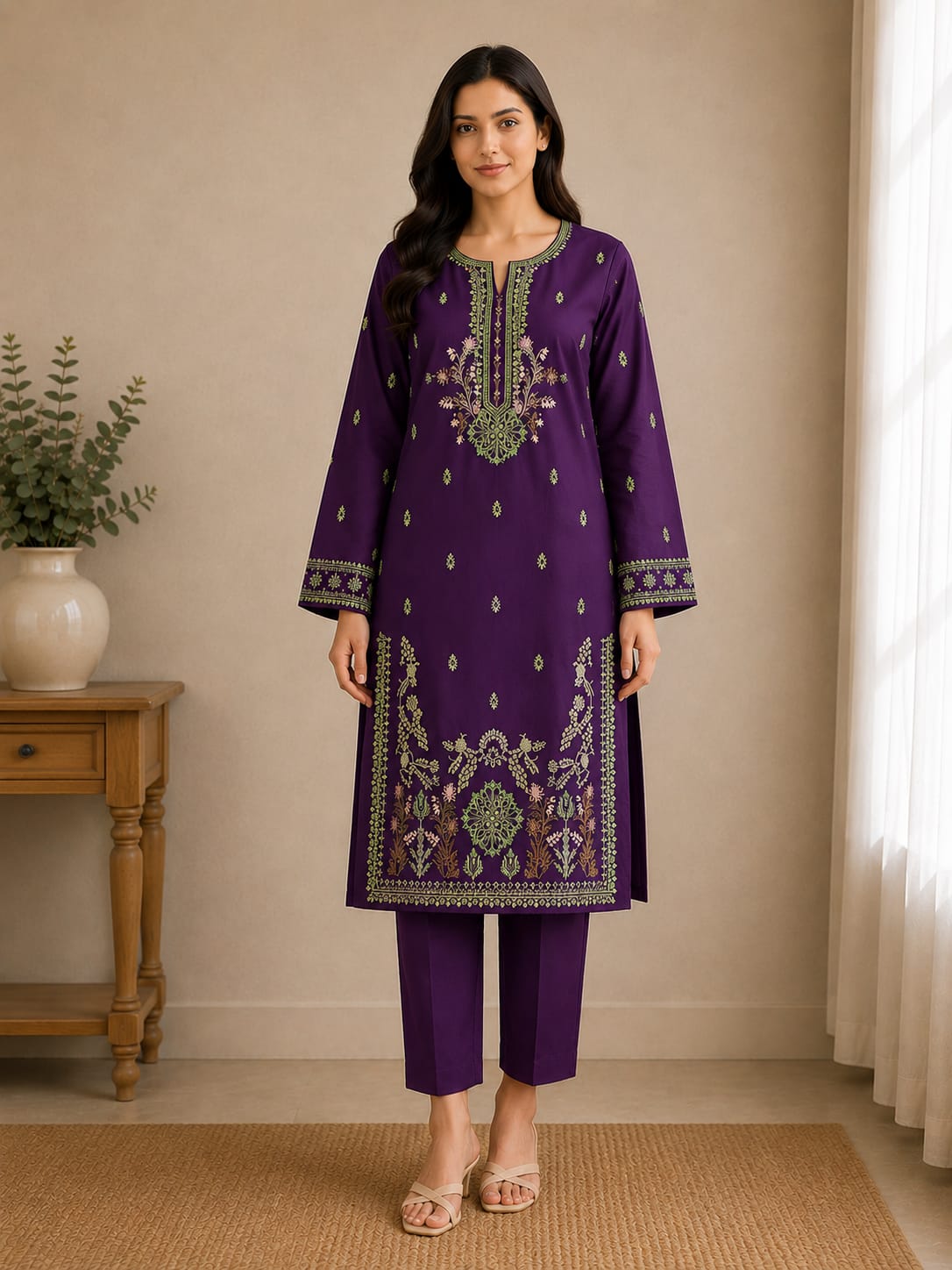 Purple Embroidered Lawn Kurta Trouser Set for Women