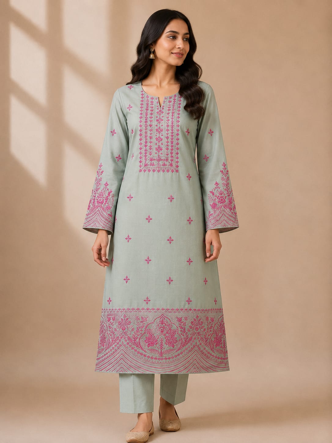 Women's Sage Green Embroidered Kurta Set with Trouser