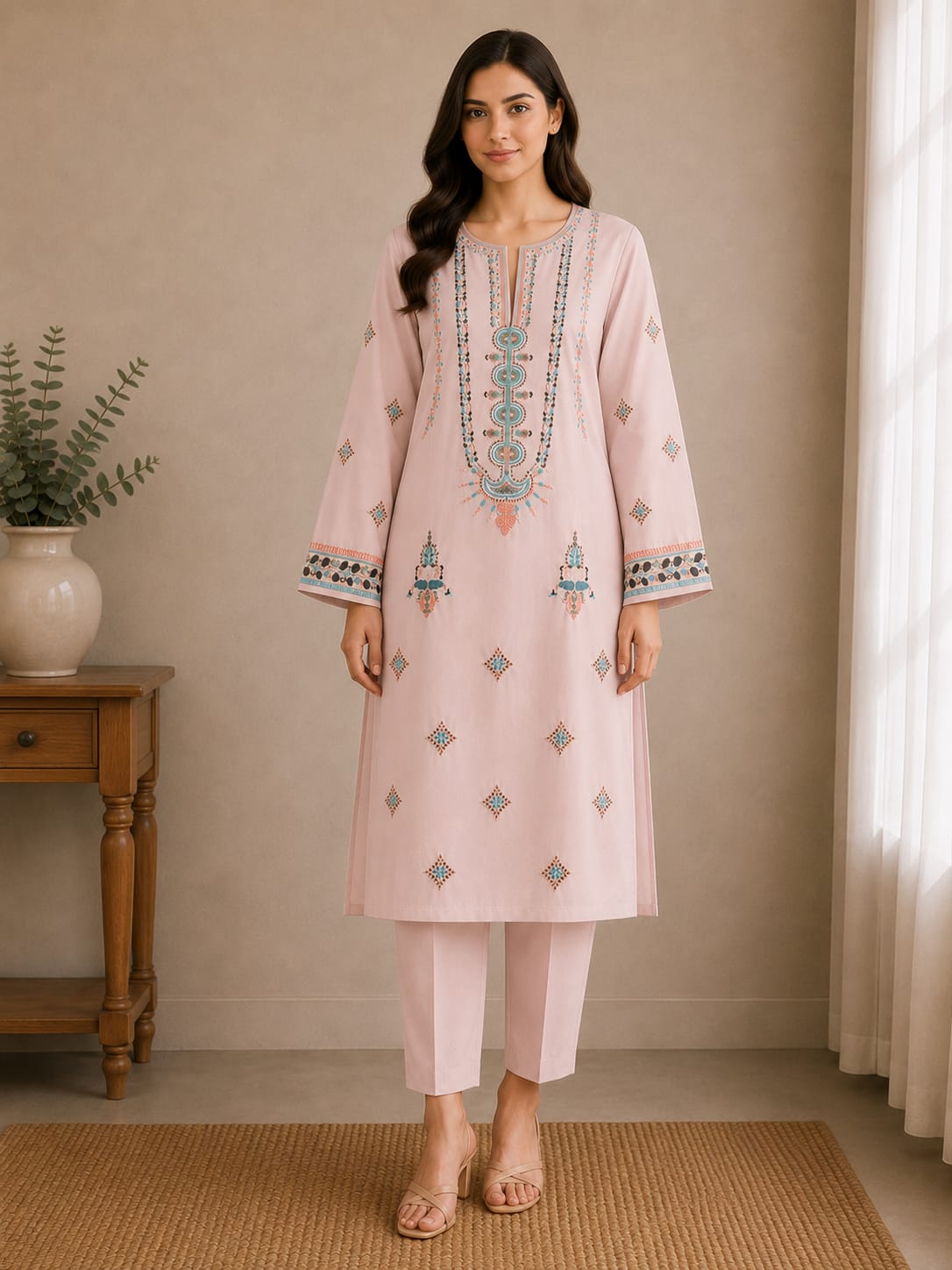 Women's Light Pink Embroidered Kurta Set with Trouser