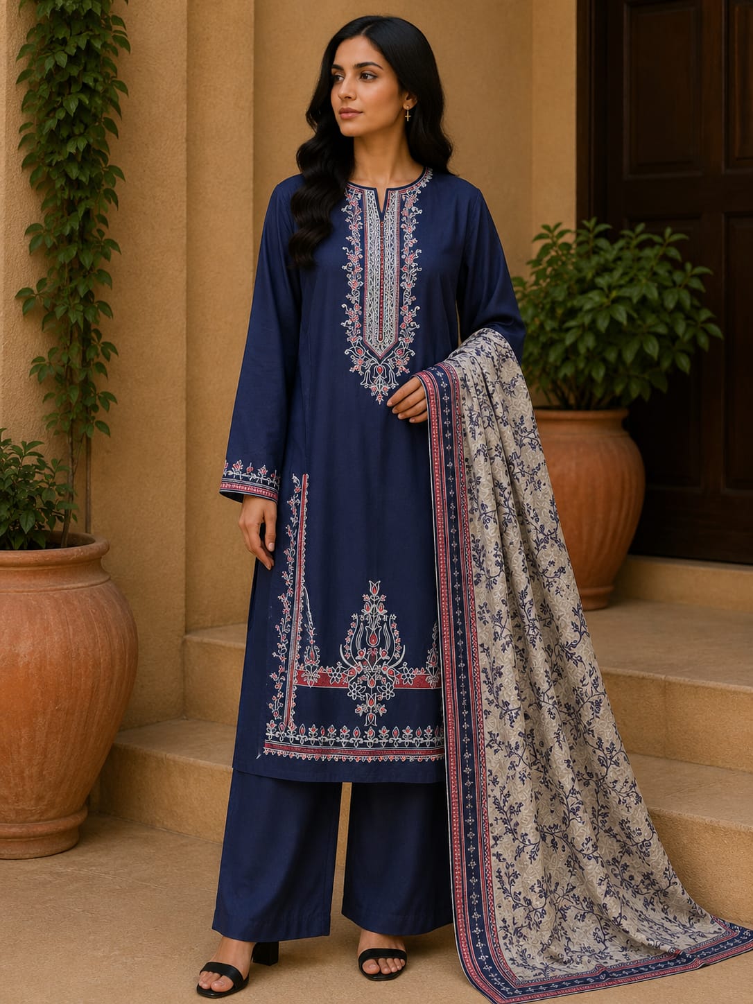 Navy Blue Embroidered 3-Piece Suit