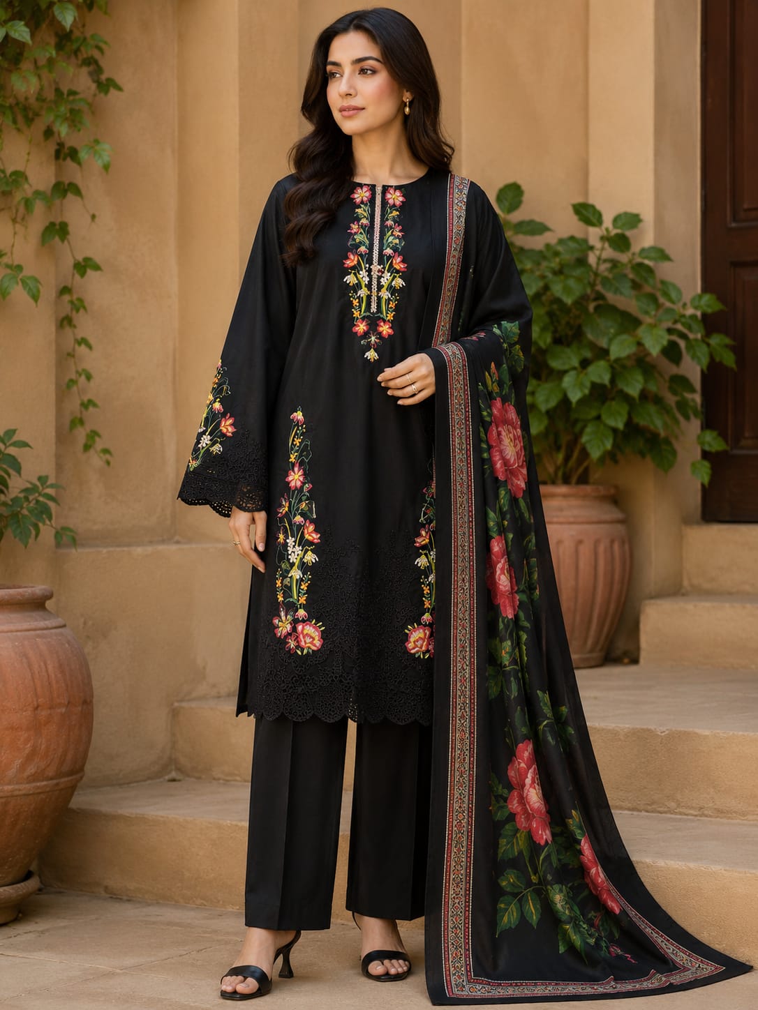 Black Floral Embroidered 3-Piece Lawn Suit