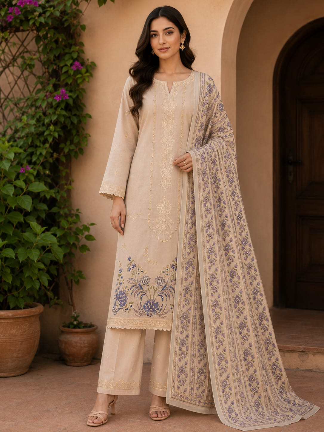 Elegant Beige Embroidered 3-Piece Suit with Printed Dupatta