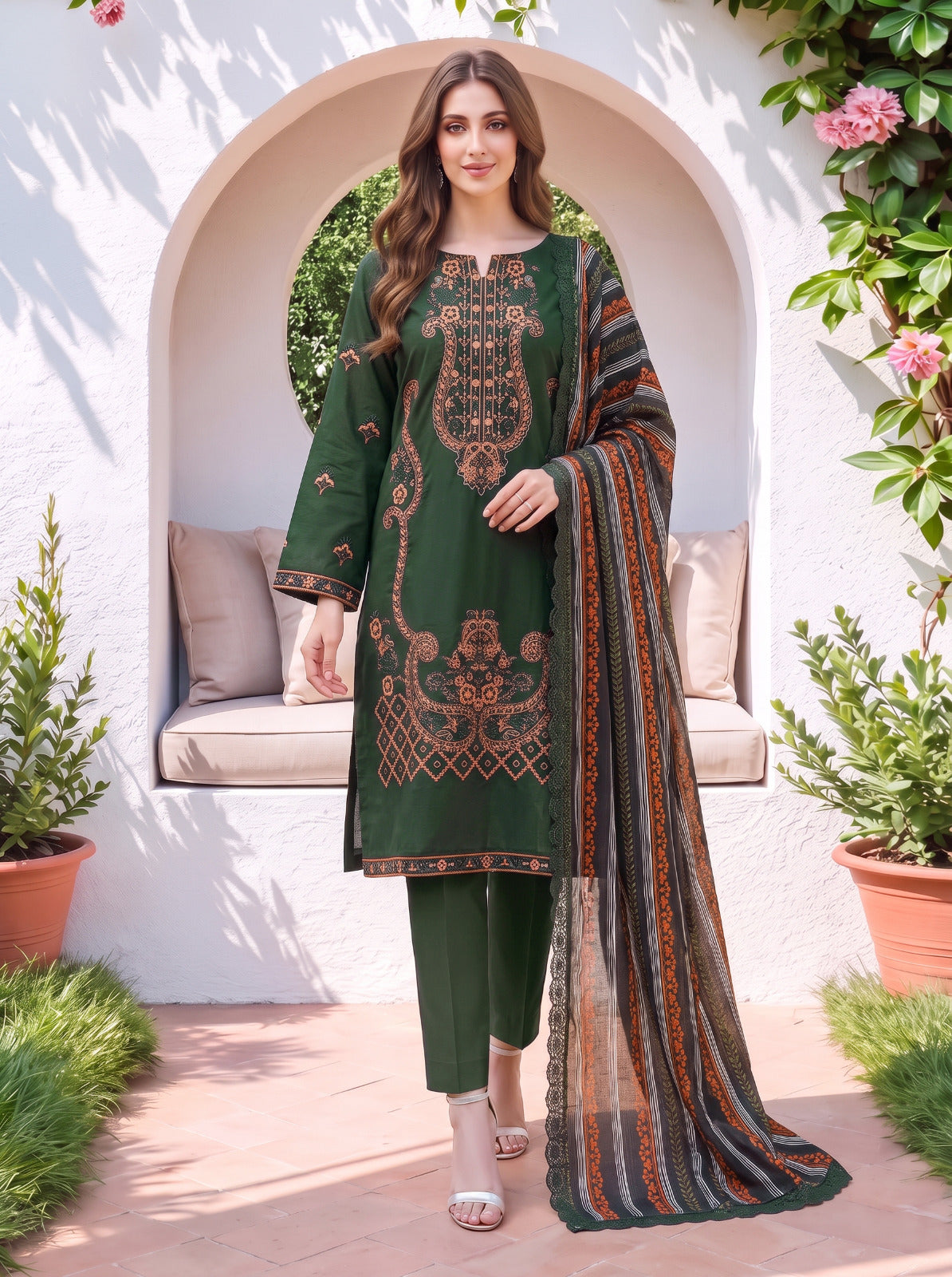 Elegant Olive Green Embroidered 3-Piece Lawn Suit