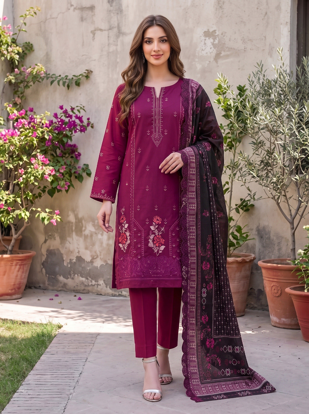 Elegant Maroon Emborioded 3-Piece Lawn Suit