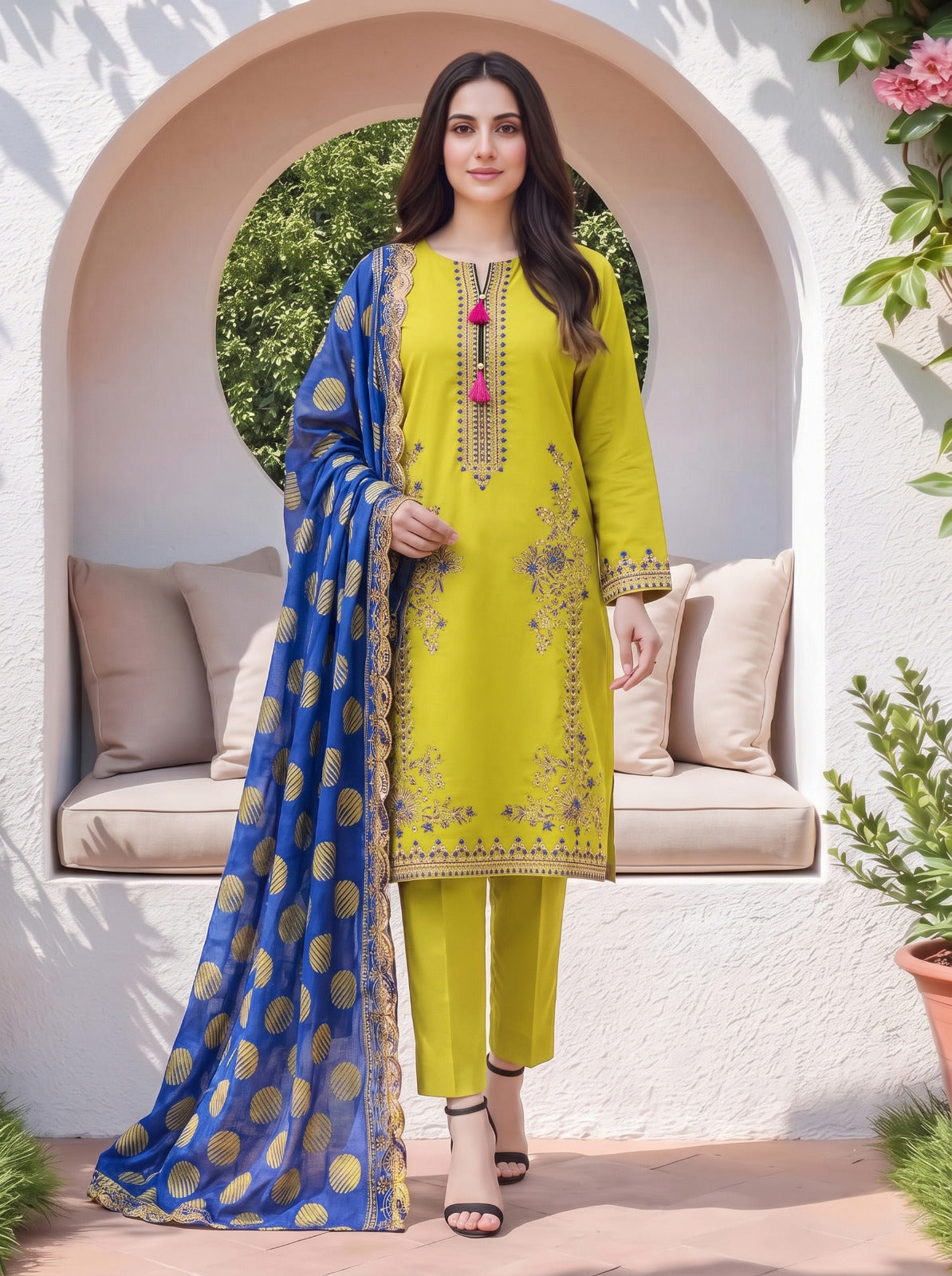 Mustard Yellow 3-Piece Emborioded Lawn Suit with Royal Blue Dupatta