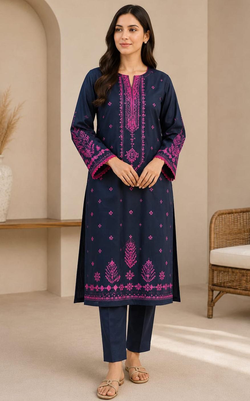 Women'sBlue and pink Embroidered 2-Piece