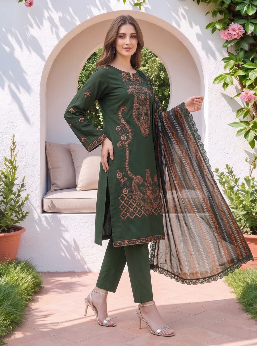 Elegant Olive Green Embroidered 3-Piece Lawn Suit