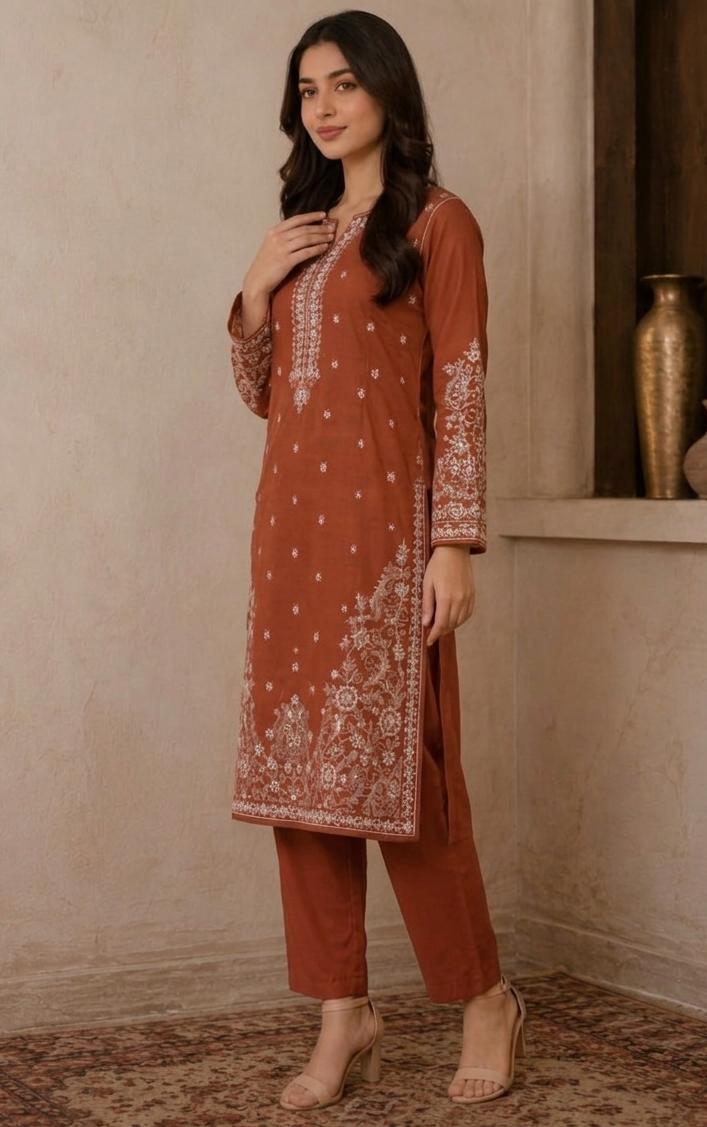 Women's Orange Embroidered 2-Piece