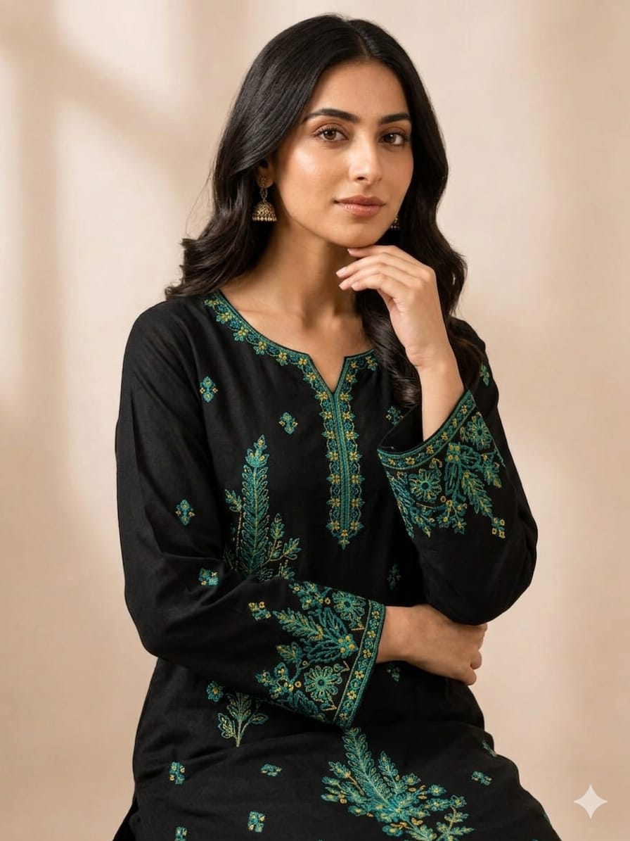 Women's Black Embroidered 2-Piece