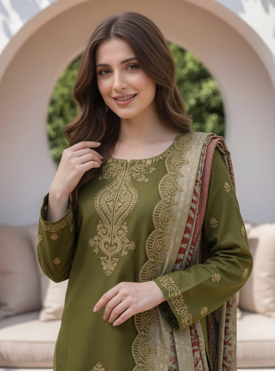 Elegant Olive Green 3-Piece Emborioded Suit